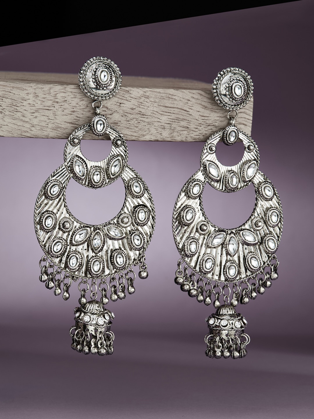 

ATIBELLE Silver-Plated Kundan-Studded Contemporary Chandbalis