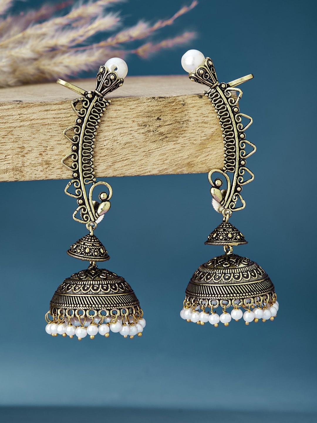 

ATIBELLE Gold-Plated Beaded Oxidised Contemporary Jhumkas