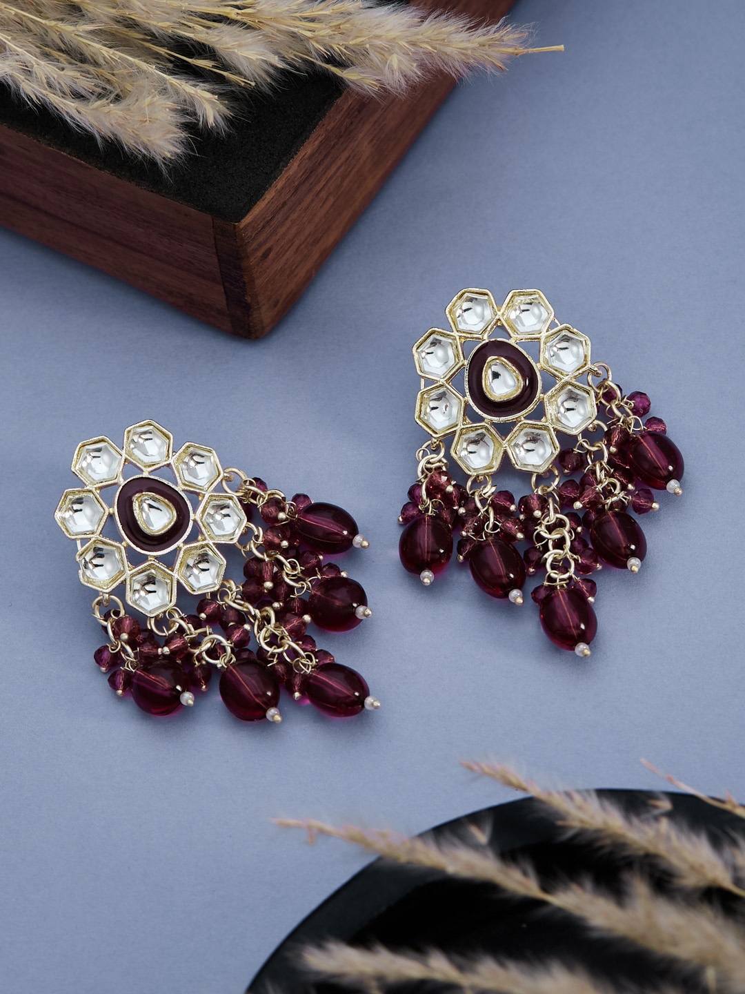 

ATIBELLE Gold-Plated Kundan-Studded Contemporary Drop Earrings, Maroon