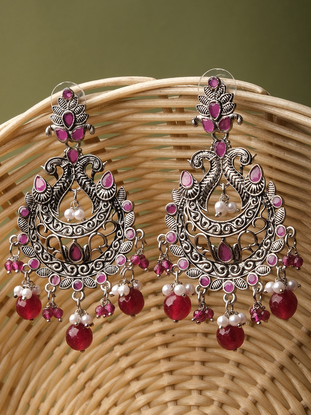 

XPNSV Silver-Plated Stone Studded Beaded Peacock Shaped Jhumkas