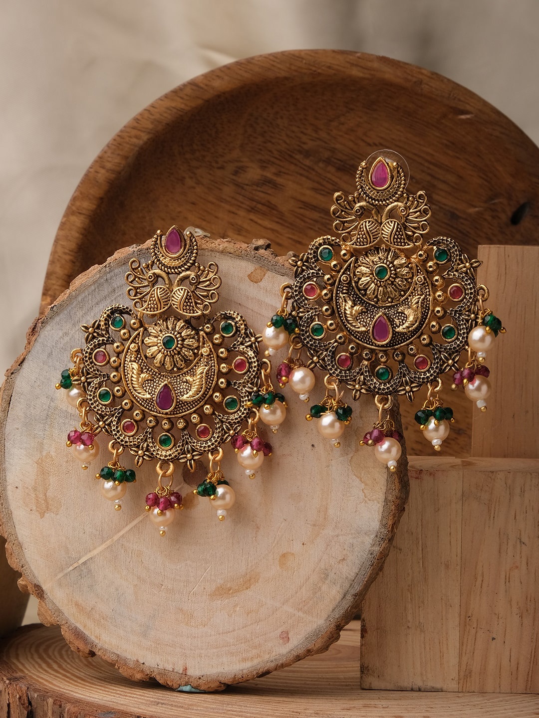 

XPNSV Gold-Plated Peacock Shaped Stones Studded Beads Beaded Drop Earrings