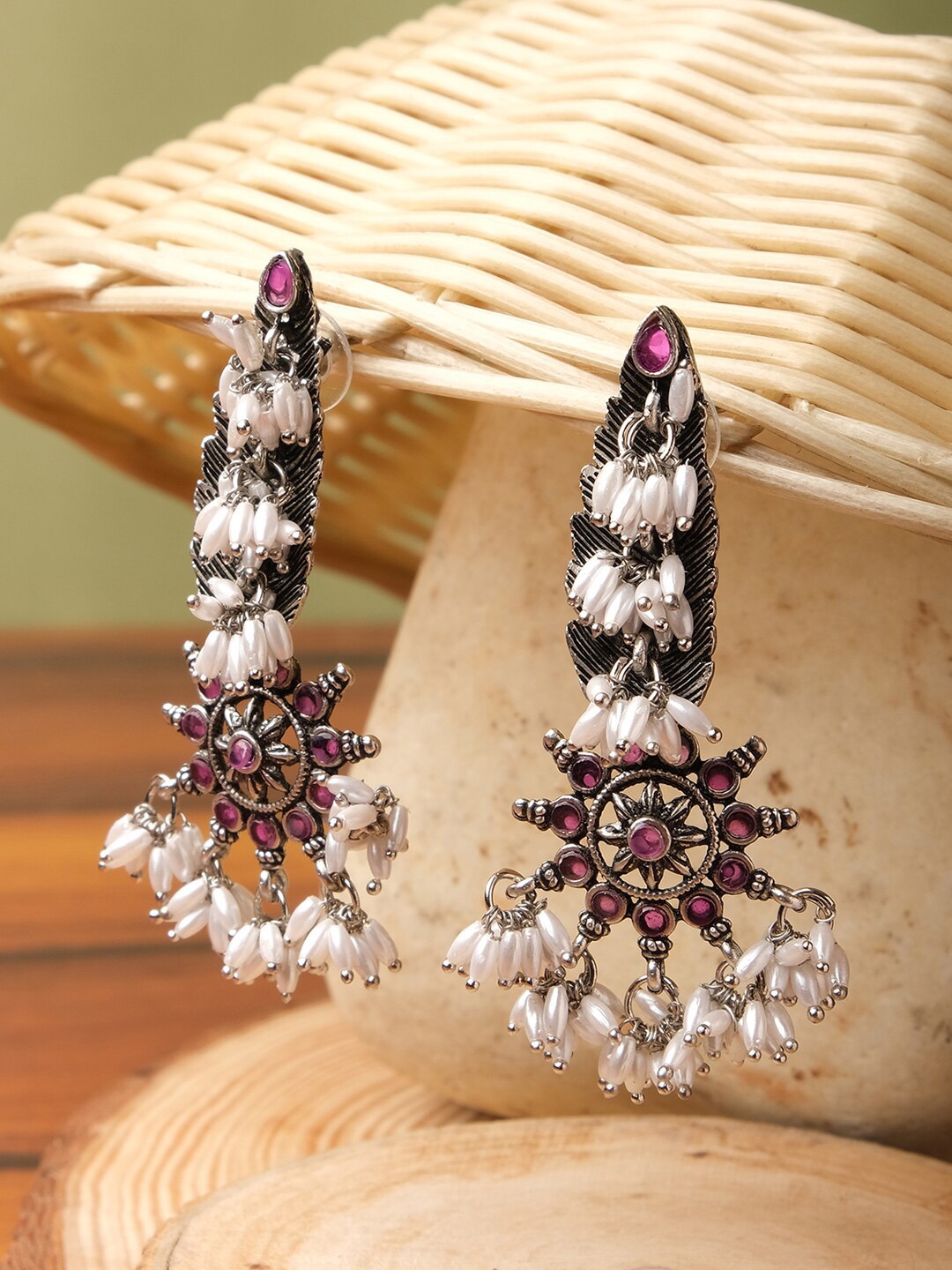 

XPNSV Silver-Plated Beaded Contemporary Drop Earrings