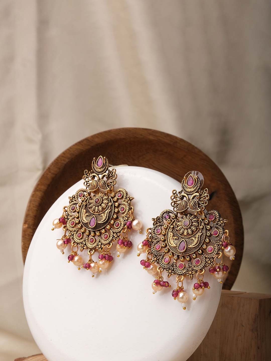 

XPNSV Silver-Plated Stone Studded & Beaded Drop Earrings, Gold