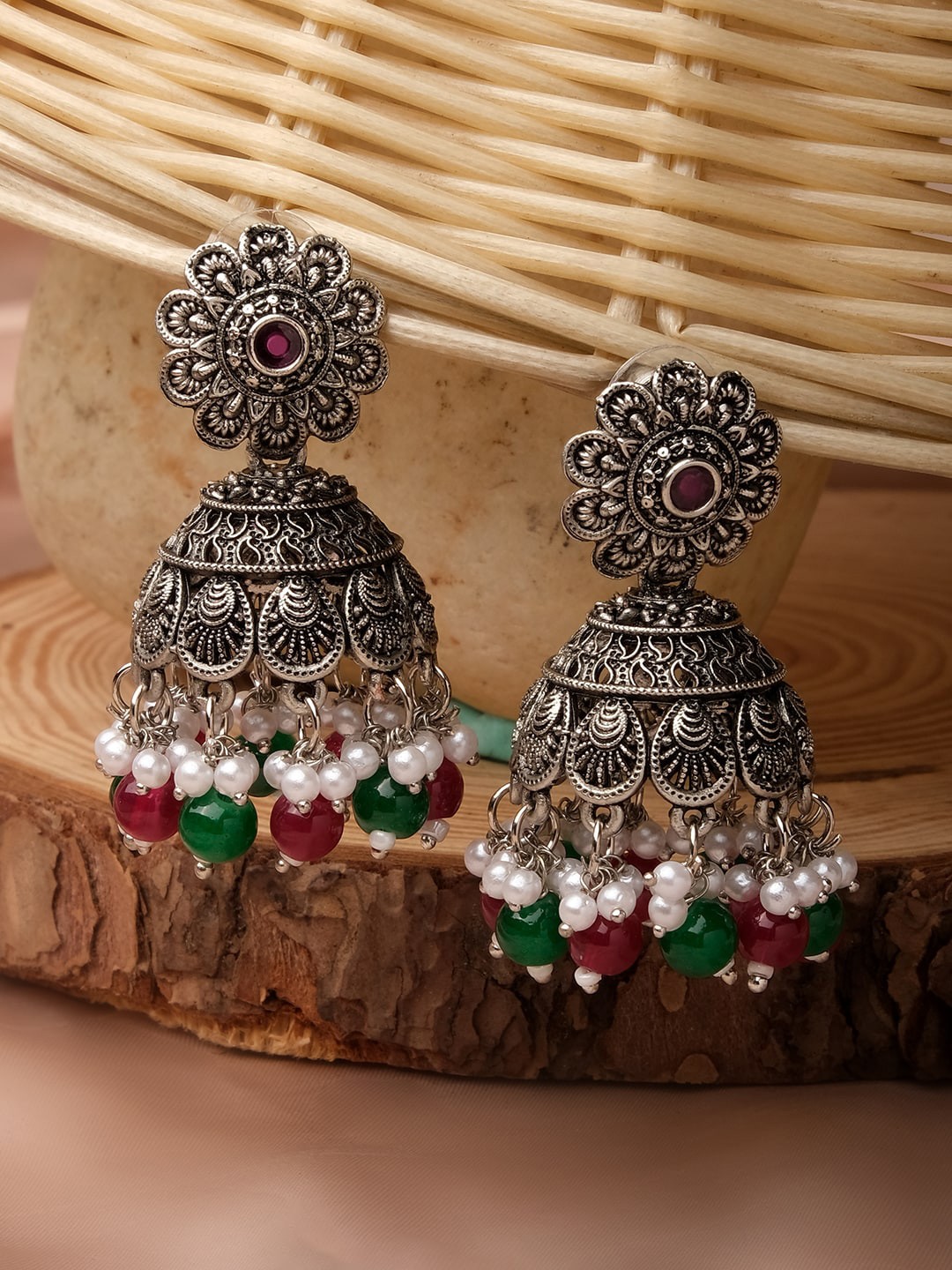 

XPNSV Silver-Plated Stone Studded & Beaded Jhumkas
