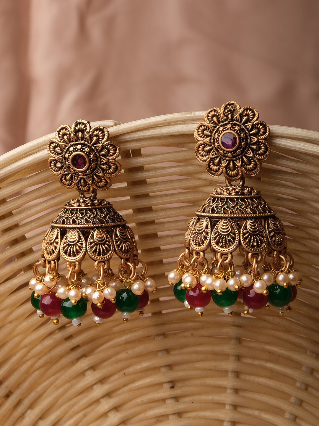 

XPNSV Gold-Plated Stone Studded & Beaded Dome Shaped Drop Jhumkas