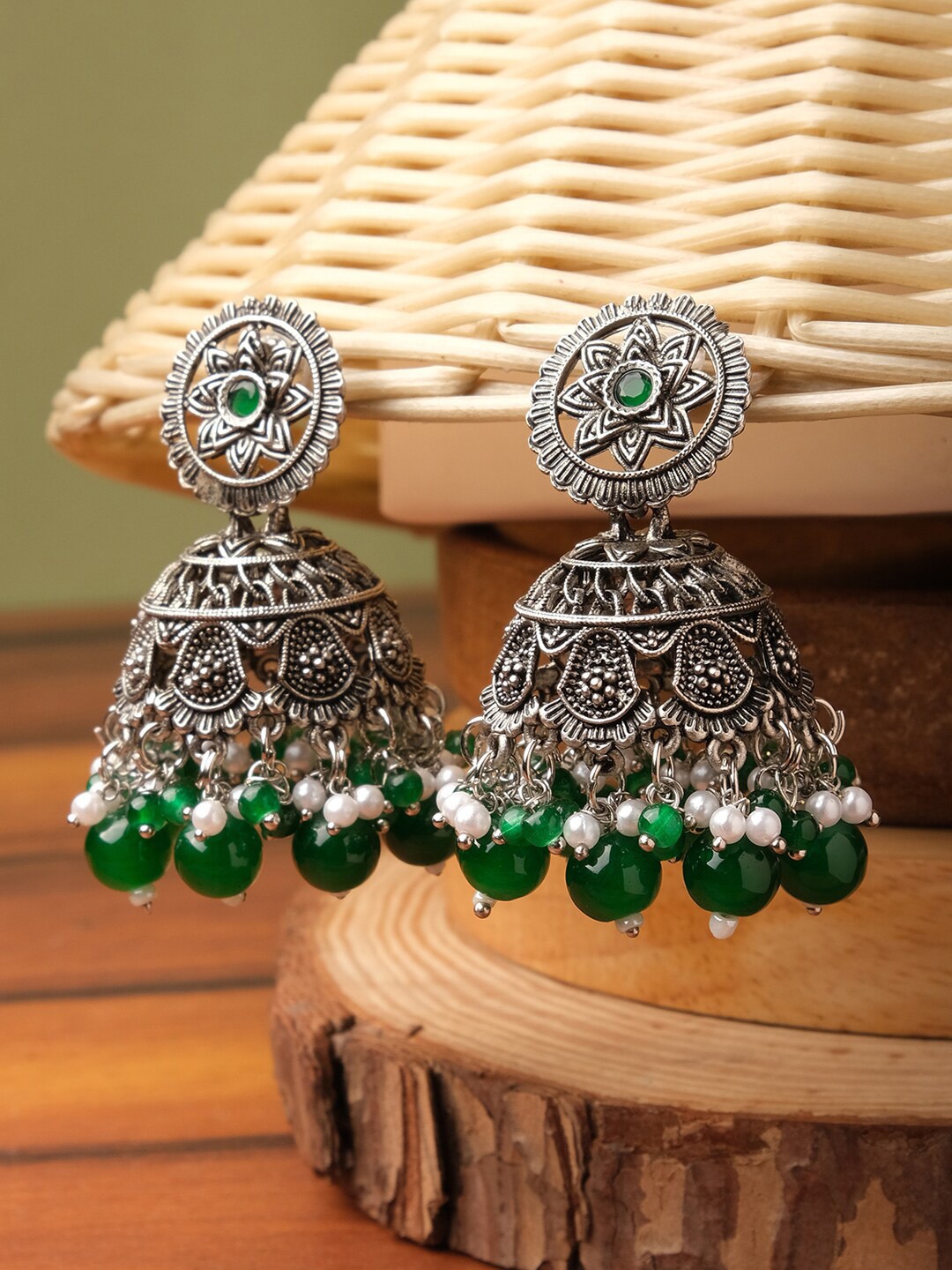 

XPNSV Silver-Plated Beaded Contemporary Jhumkas