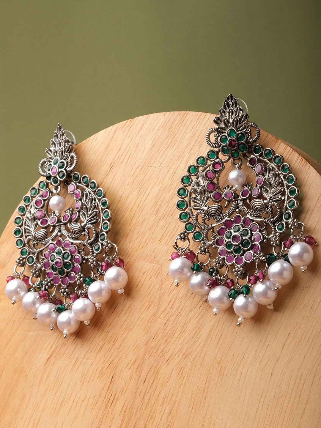 

XPNSV Silver-Plated Stone Studded & Beaded Chandbalis