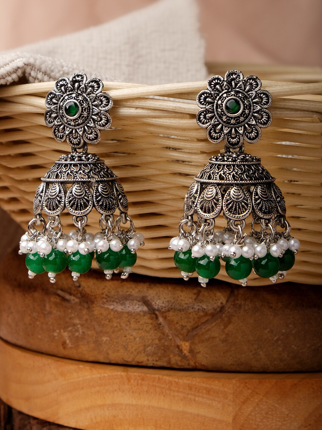 

XPNSV Silver-Plated Stones Studded & Beads Beaded Dome Shaped Oxidised Jhumkas