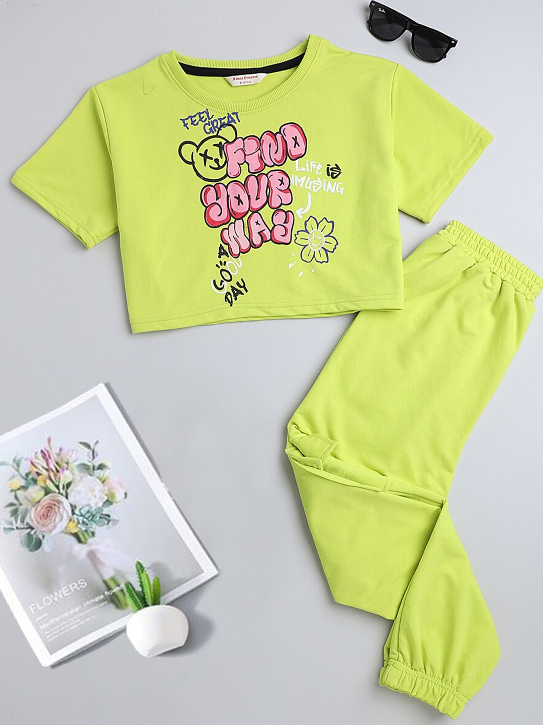 

Ninos Dreams Girls Typography Printed Oversized Crop Top with Cargo, Lime green