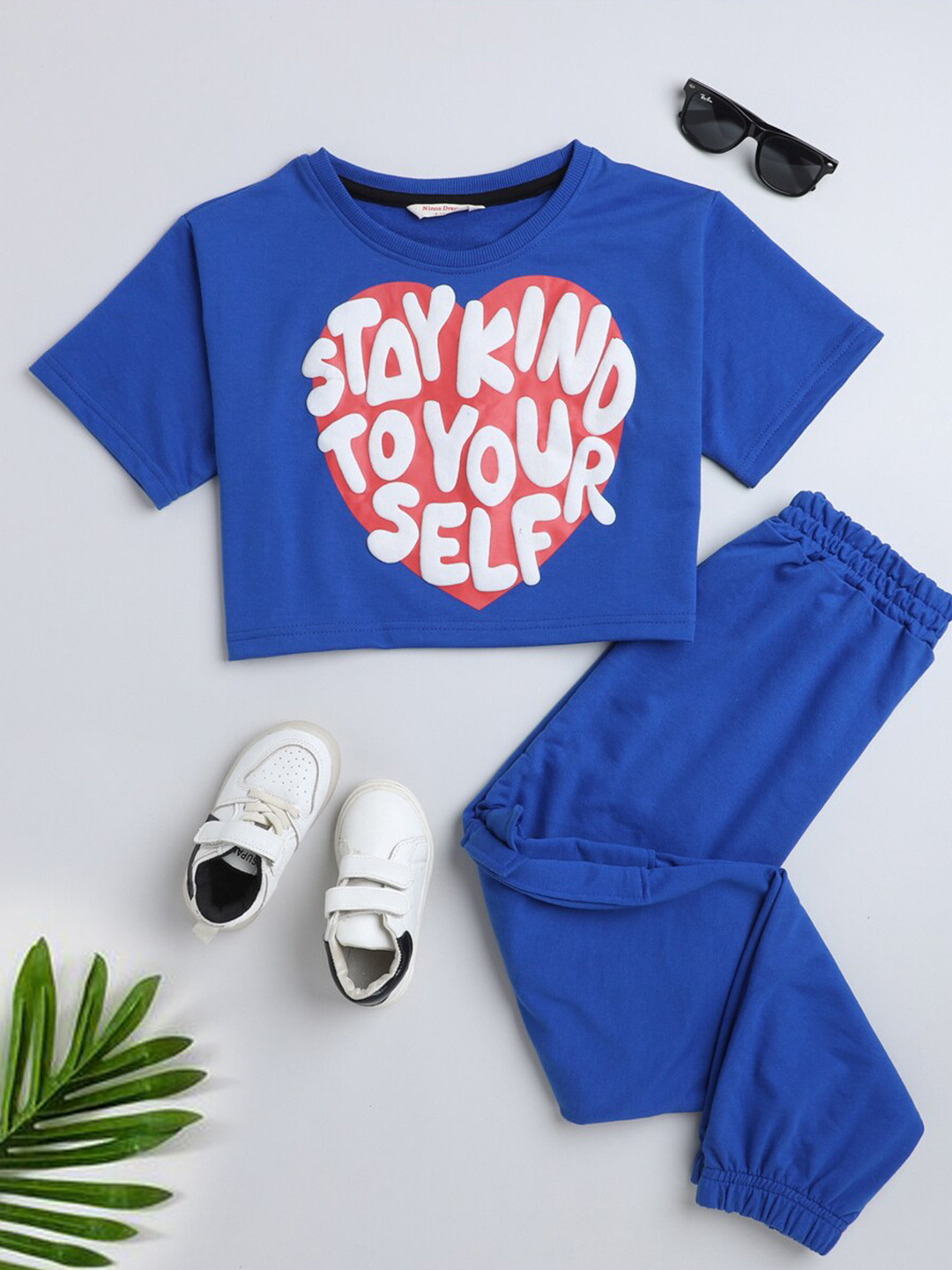 

Ninos Dreams Girls Typography Printed Oversized Crop Top with Cargo, Blue