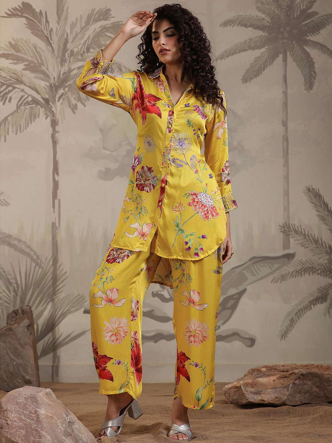 

SCAKHI Floral Printed Embellished Detail Satin Shirt & Palazzos Co-Ords, Yellow