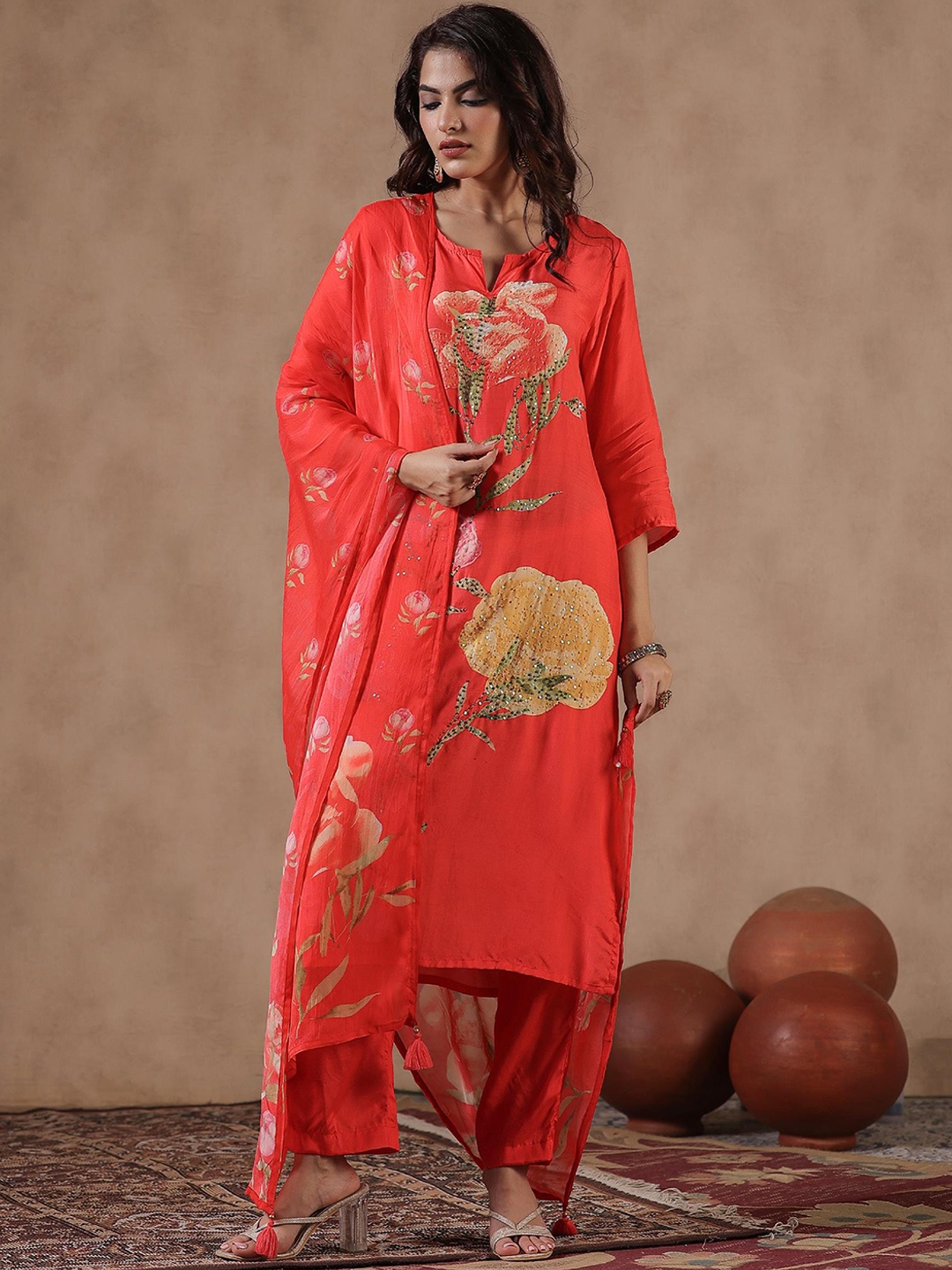 

SCAKHI Floral Printed Regular Sequinned Kurta with Trousers & Dupatta, Orange