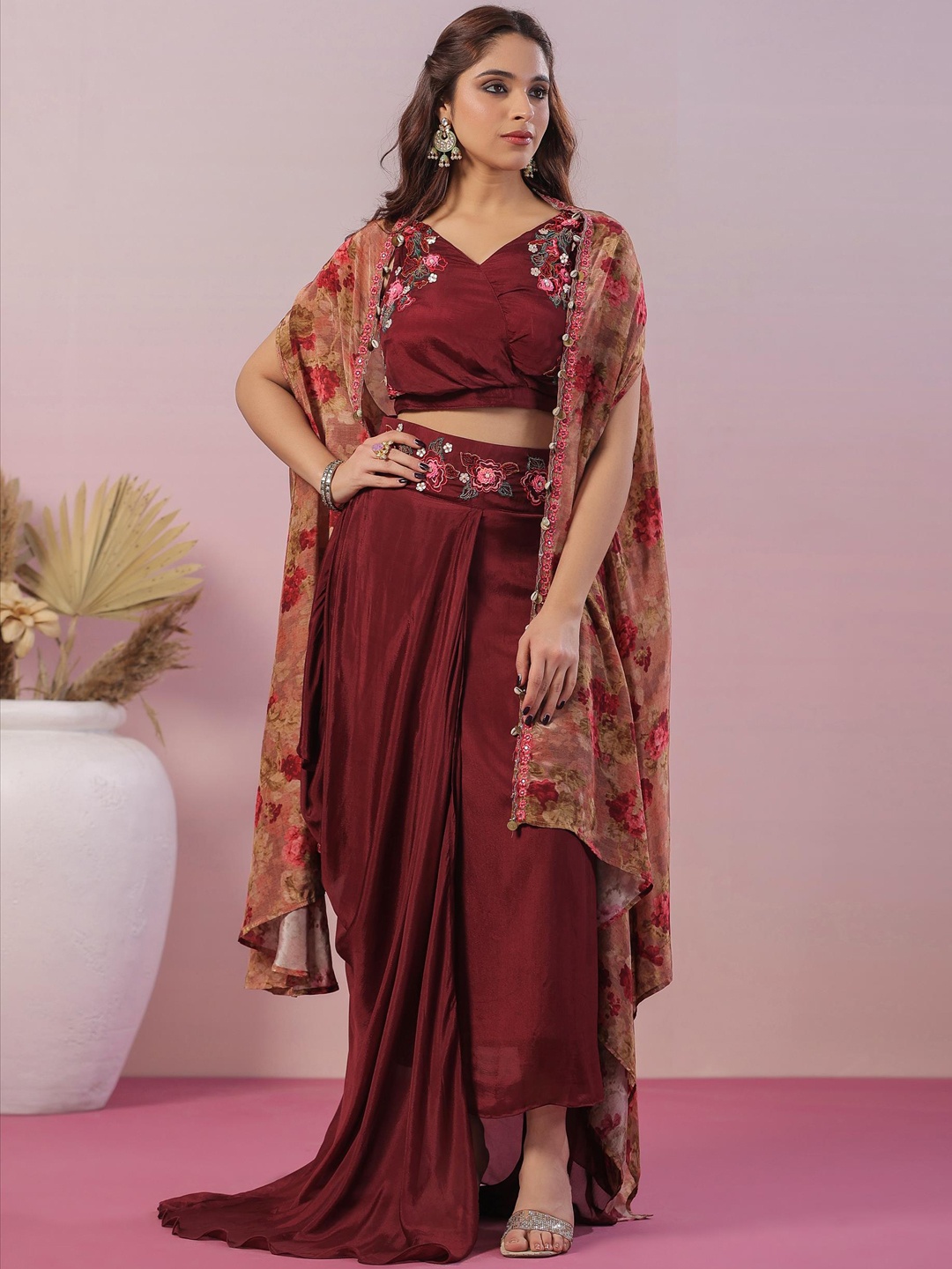 

SCAKHI Floral Embroidered V-Neck Pure Silk Top & Printed Shrug With Mid-Rise Skirt, Burgundy