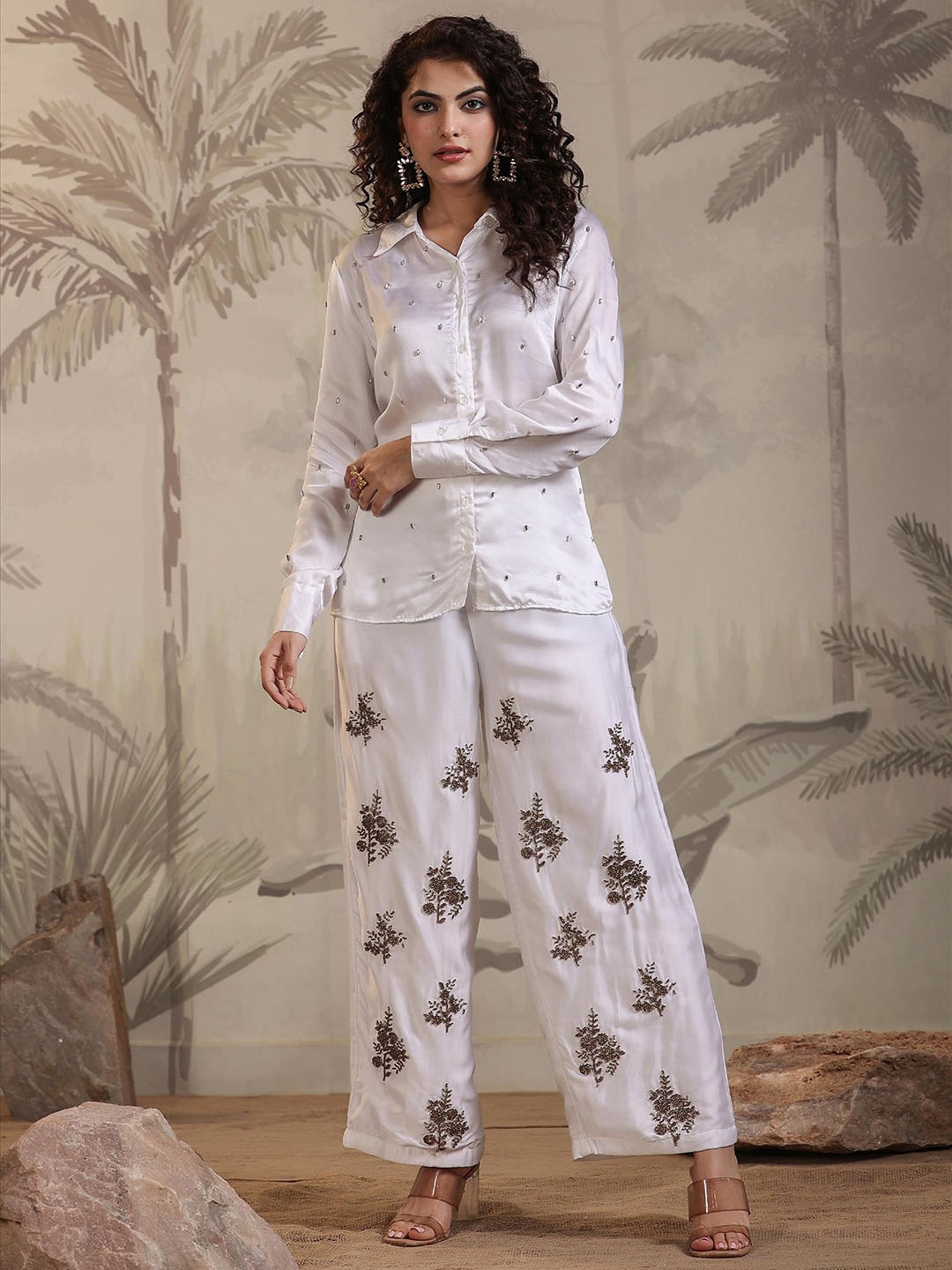 

SCAKHI Embellished Shirt With Flared Palazzos, White