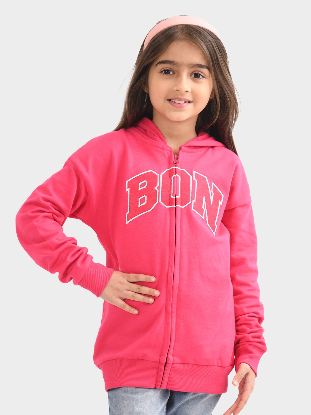 

BONKIDS Girls Typography Printed Hooded Front-Open Sweatshirt, Pink