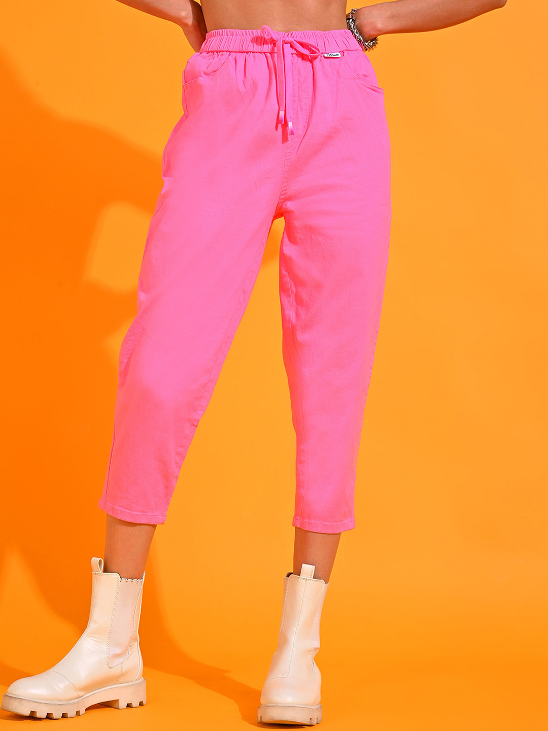 

SHECZZAR Women Relaxed Straight Leg Slim Fit Easy Wash Trousers, Pink