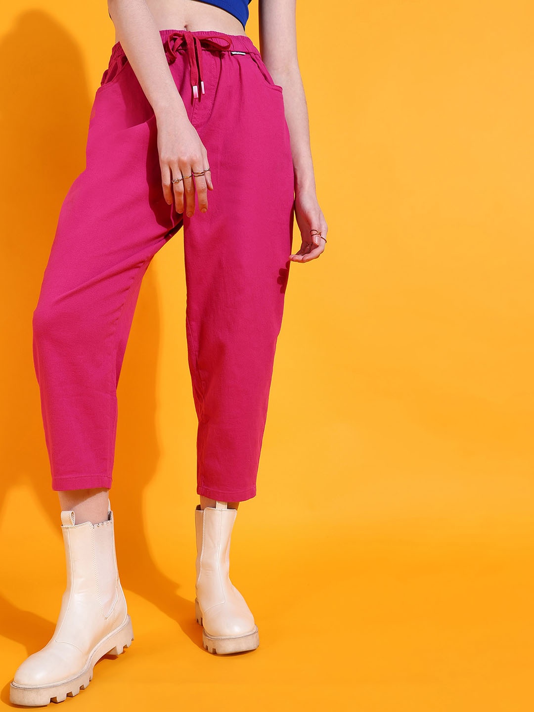 

SHECZZAR Women Relaxed Straight Leg Slim Fit Easy Wash Trousers, Fuchsia