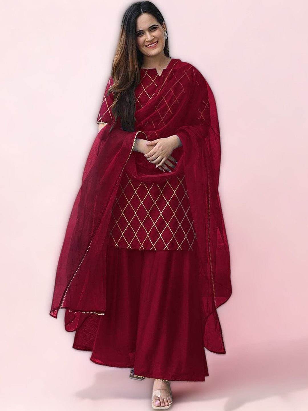 

MORLY Embroidered Regular Mirror Work Kurta with Palazzos & With Dupatta, Maroon