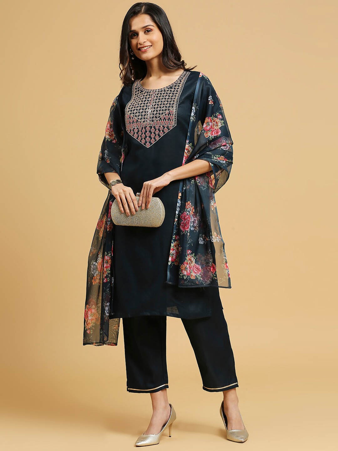 

MORLY Round Neck Floral Print Yoke Design Sequined Kurta with Trousers & Dupatta, Blue