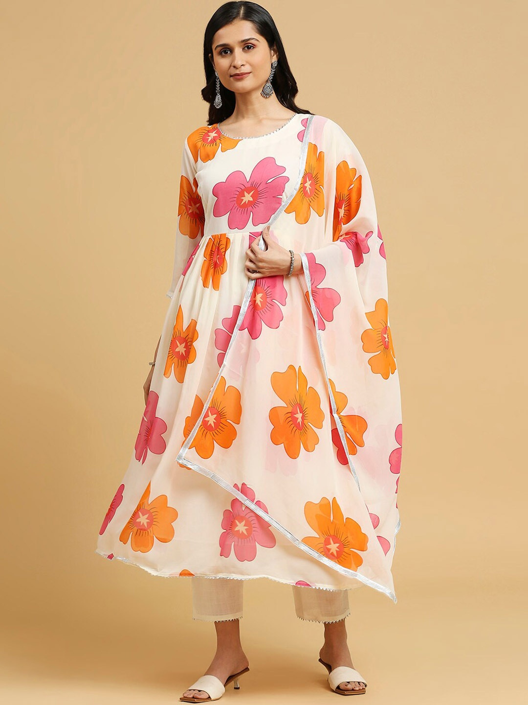 

MORLY Round Neck Floral Print Gotta Patti Anarkali Kurta with Trousers & Dupatta, Beige