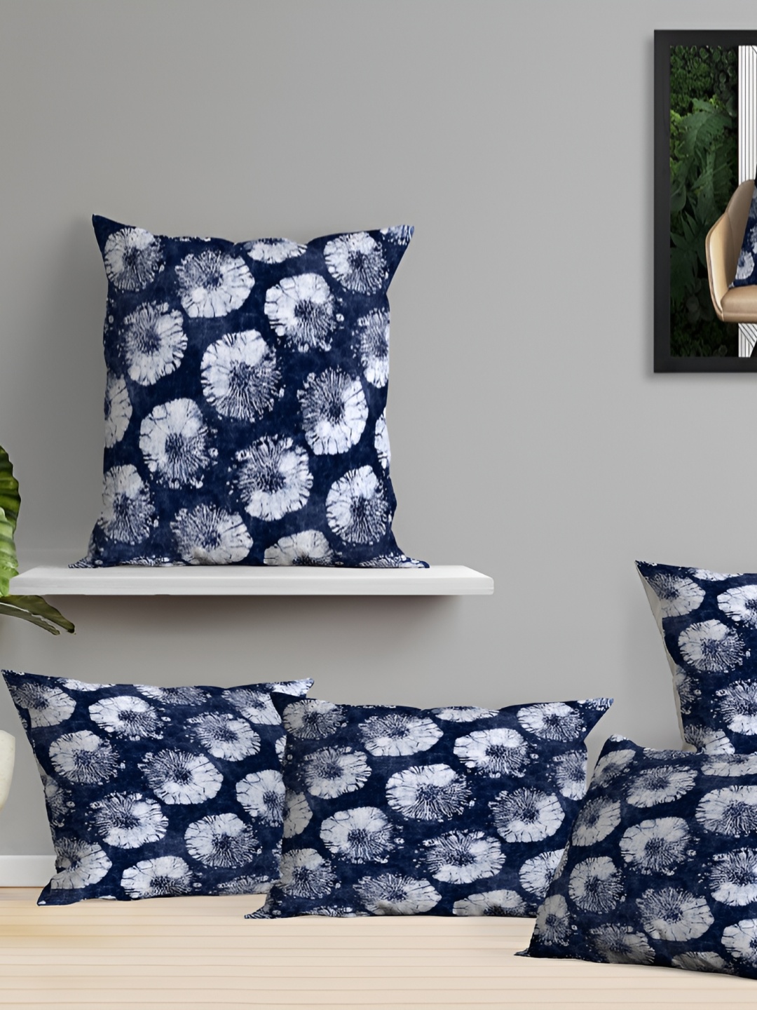 

OASIS Blue & White 5 Pieces Colourblocked cotton Square Cushion Covers