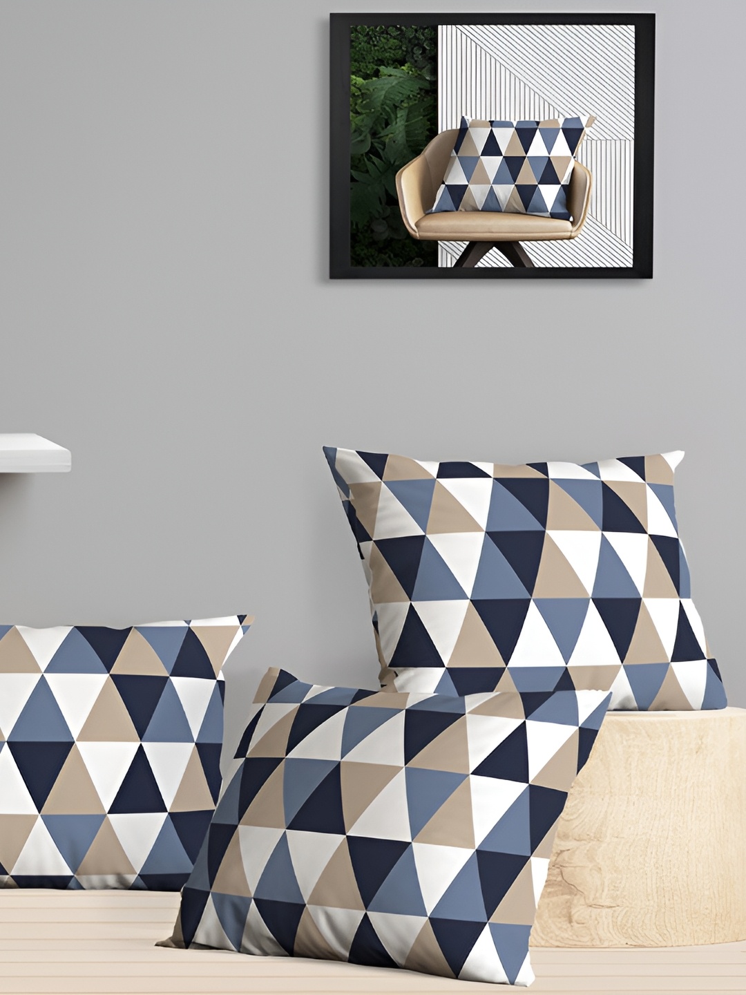 

OASIS Navy Blue & White 5 Pieces Geometric Cotton Square Cushion Covers