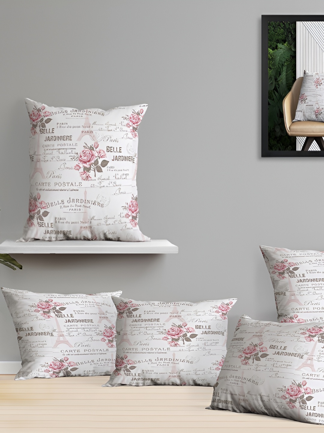 

OASIS Rose & White 5 Pieces Floral Cotton Square Cushion Covers