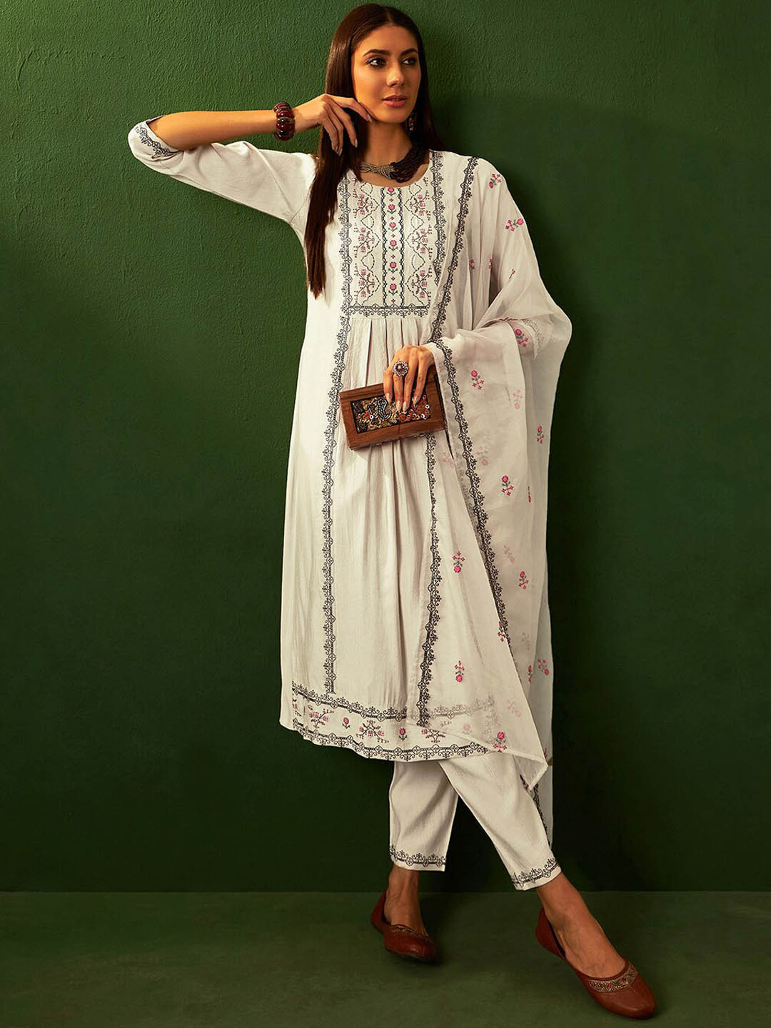 

Sangria Beige Floral Embroidered Pleated A-Line Kurta With Palazzos & Dupatta