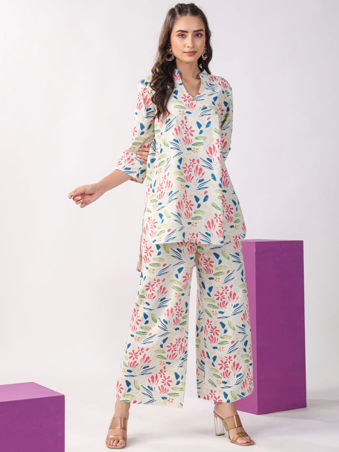 

Kandora Floral Printed Mandarin Collar Tunic With Palazzo, White