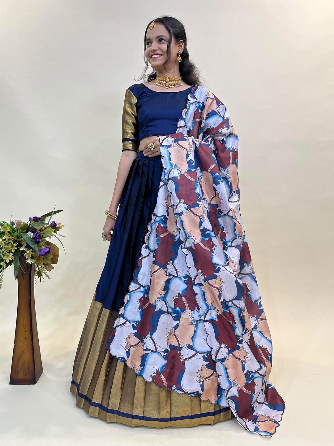 

Mitera Semi-Stitched Lehenga & Unstitched Blouse With Dupatta, Navy blue