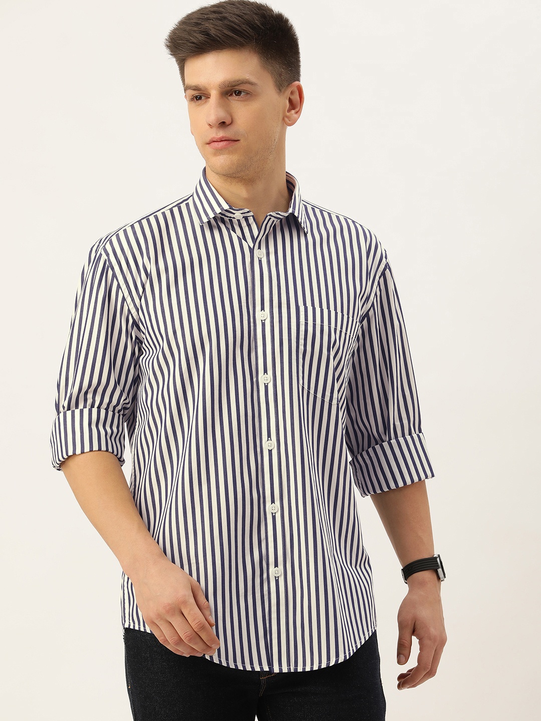 

Burnt Umber Men Opaque Striped Casual Shirt, Navy blue