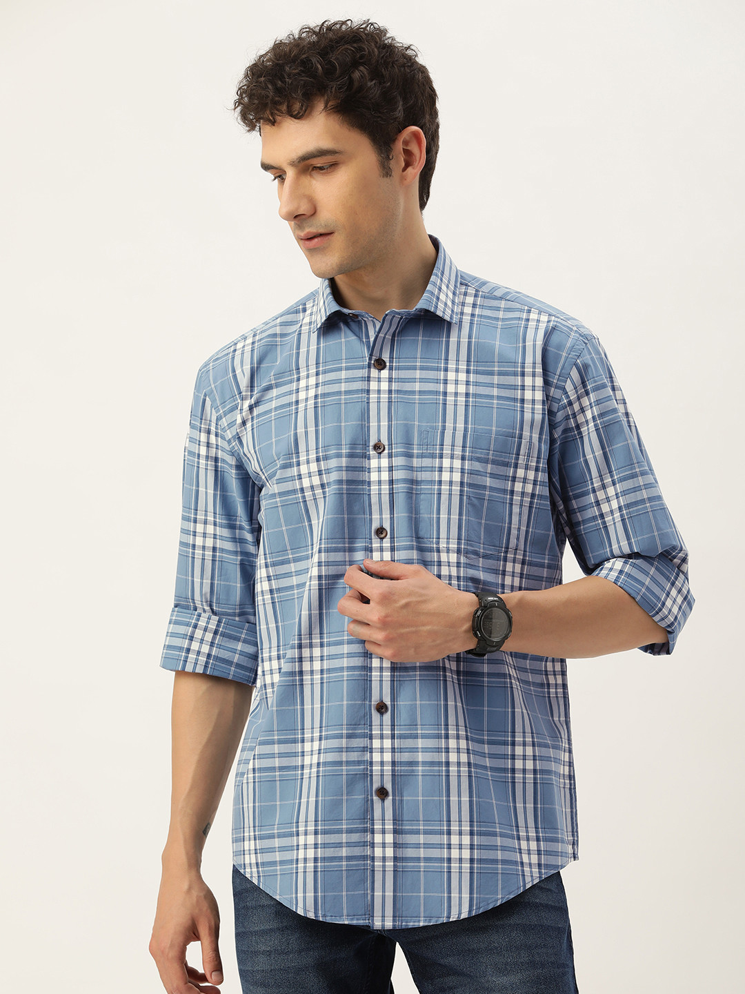 

Burnt Umber Men Tartan Checked Casual Shirt, Blue