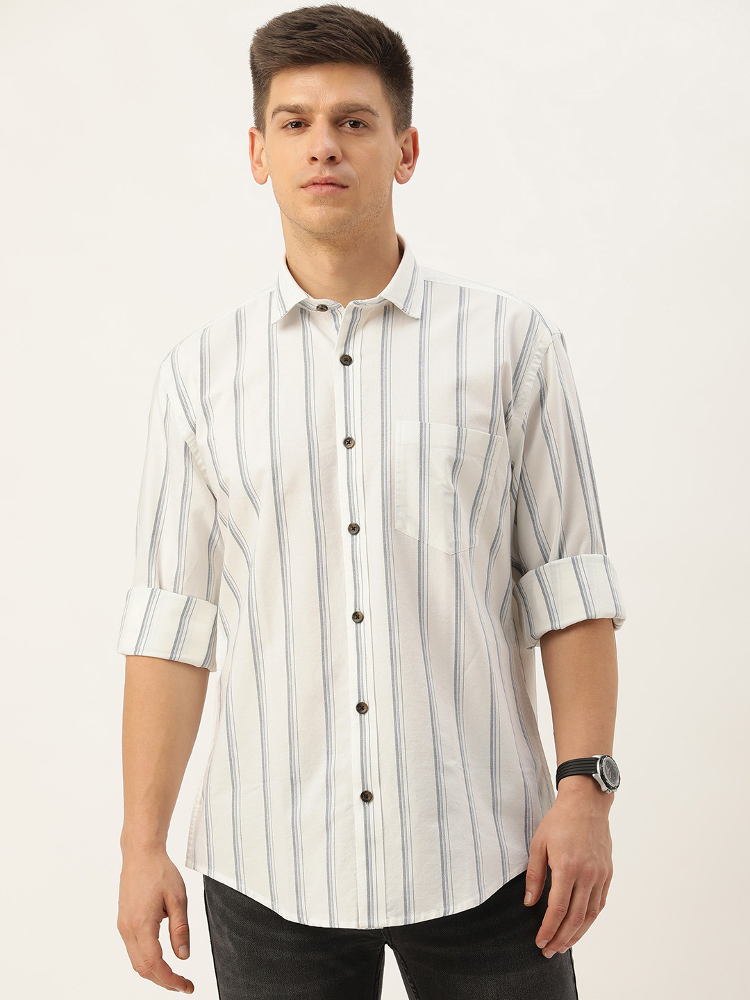 

Burnt Umber Men Opaque Striped Casual Shirt, White