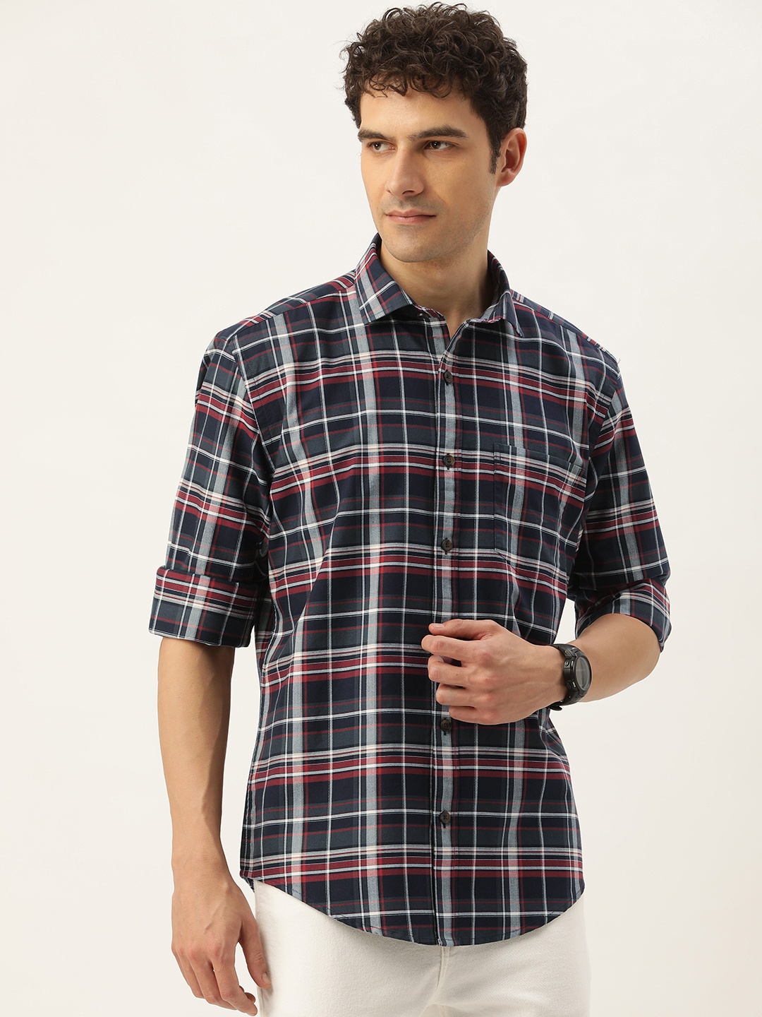 

Burnt Umber Men Tartan Checked Casual Shirt, Navy blue