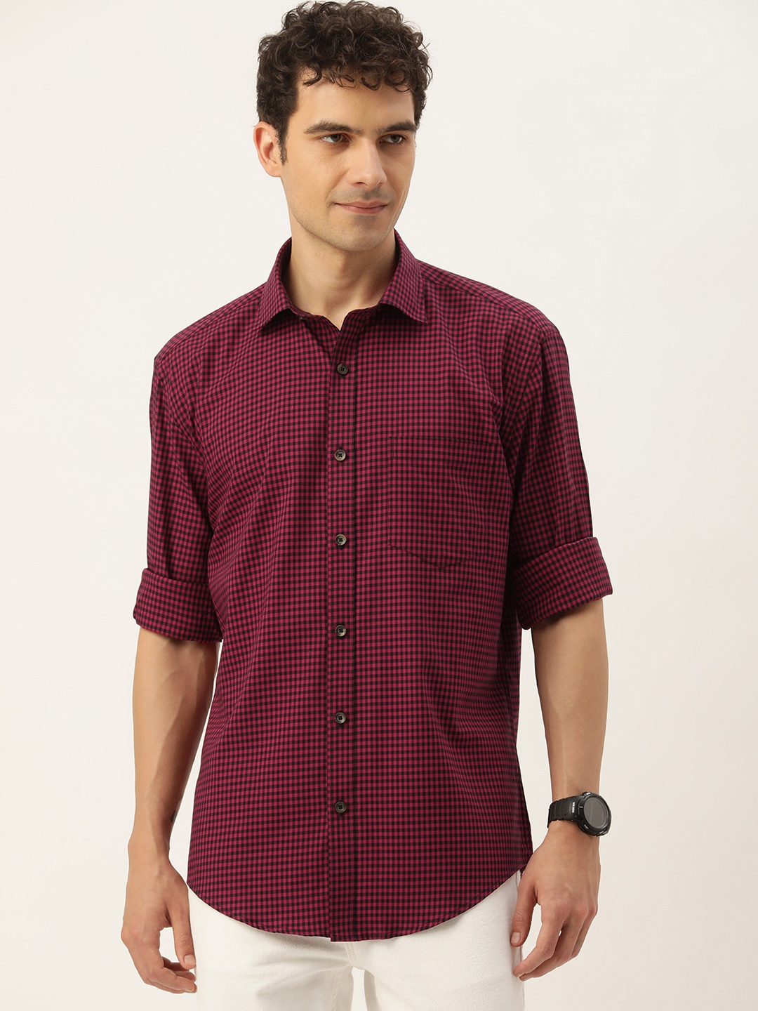 

Burnt Umber Men Grid Tattersall Opaque Checked Casual Shirt, Red