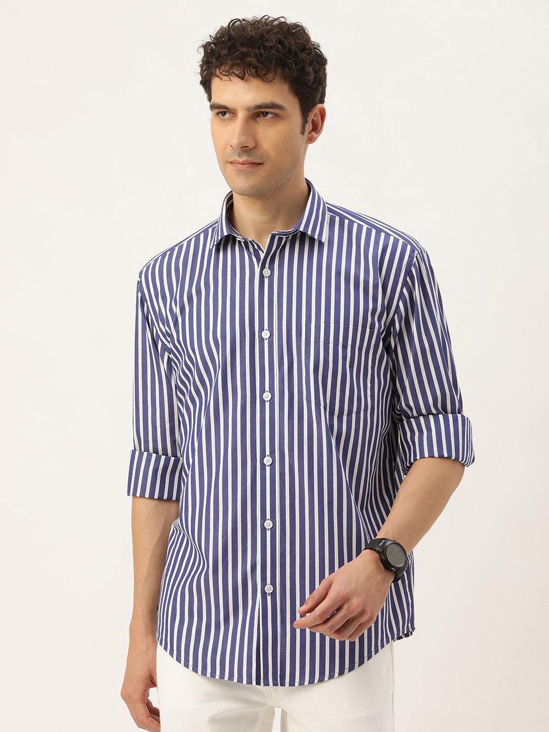 

Burnt Umber Men Opaque Striped Casual Shirt, Navy blue