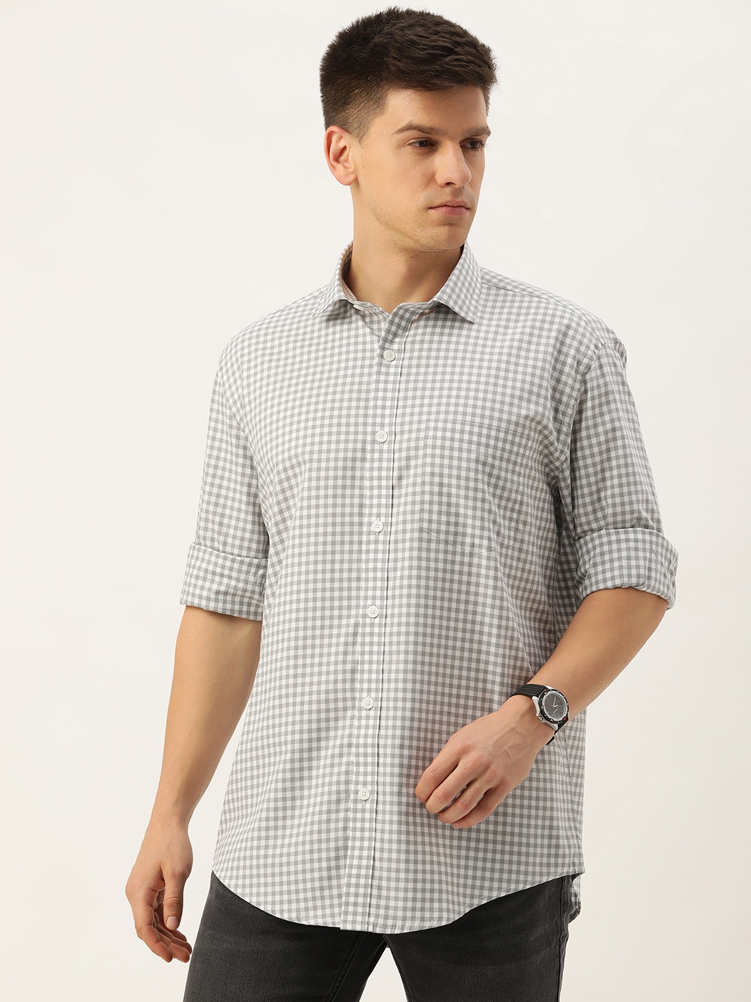 

Burnt Umber Men Grid Tattersall Checked Casual Shirt, White
