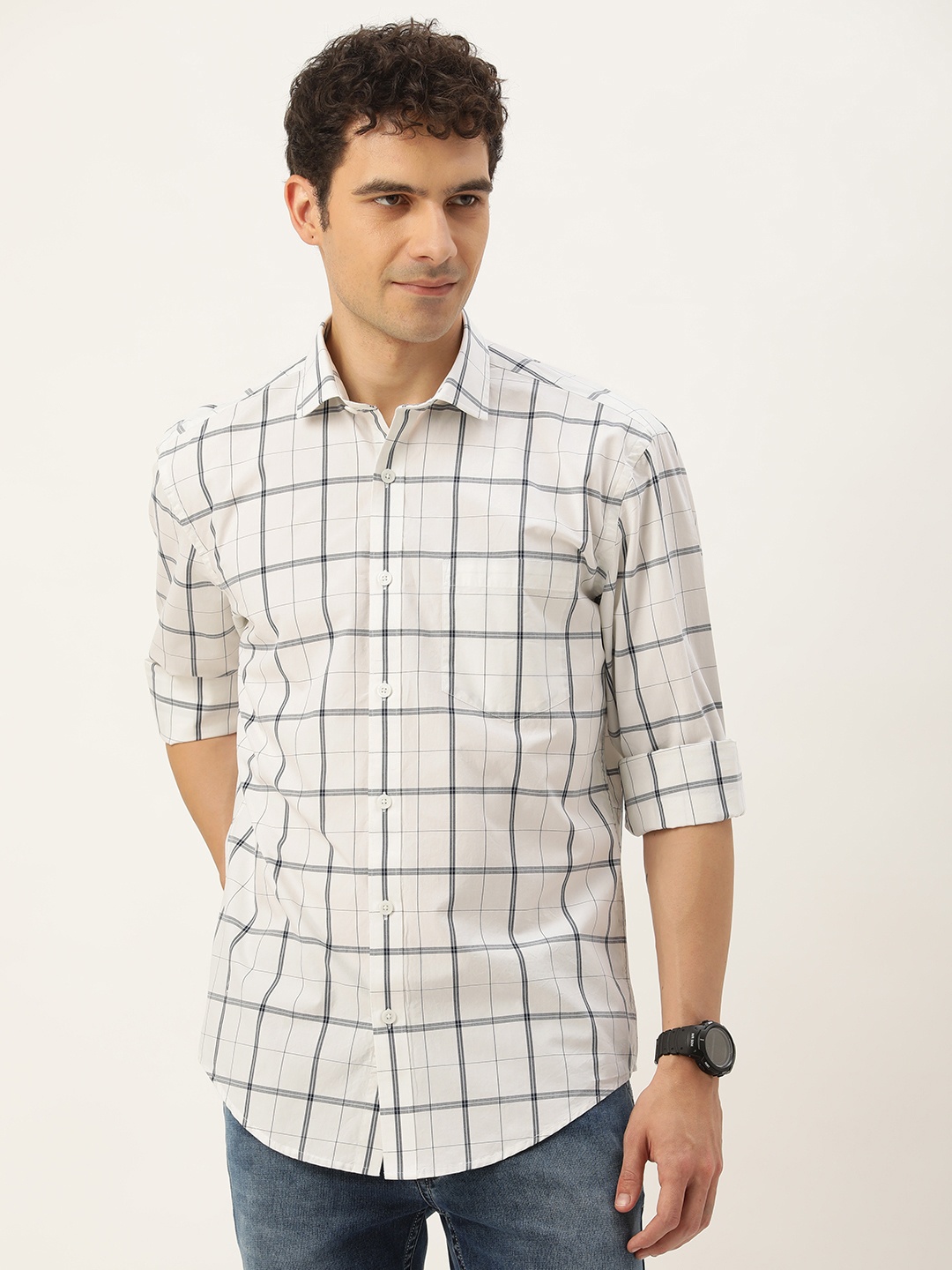 

Burnt Umber Men Windowpane Checked Casual Shirt, White