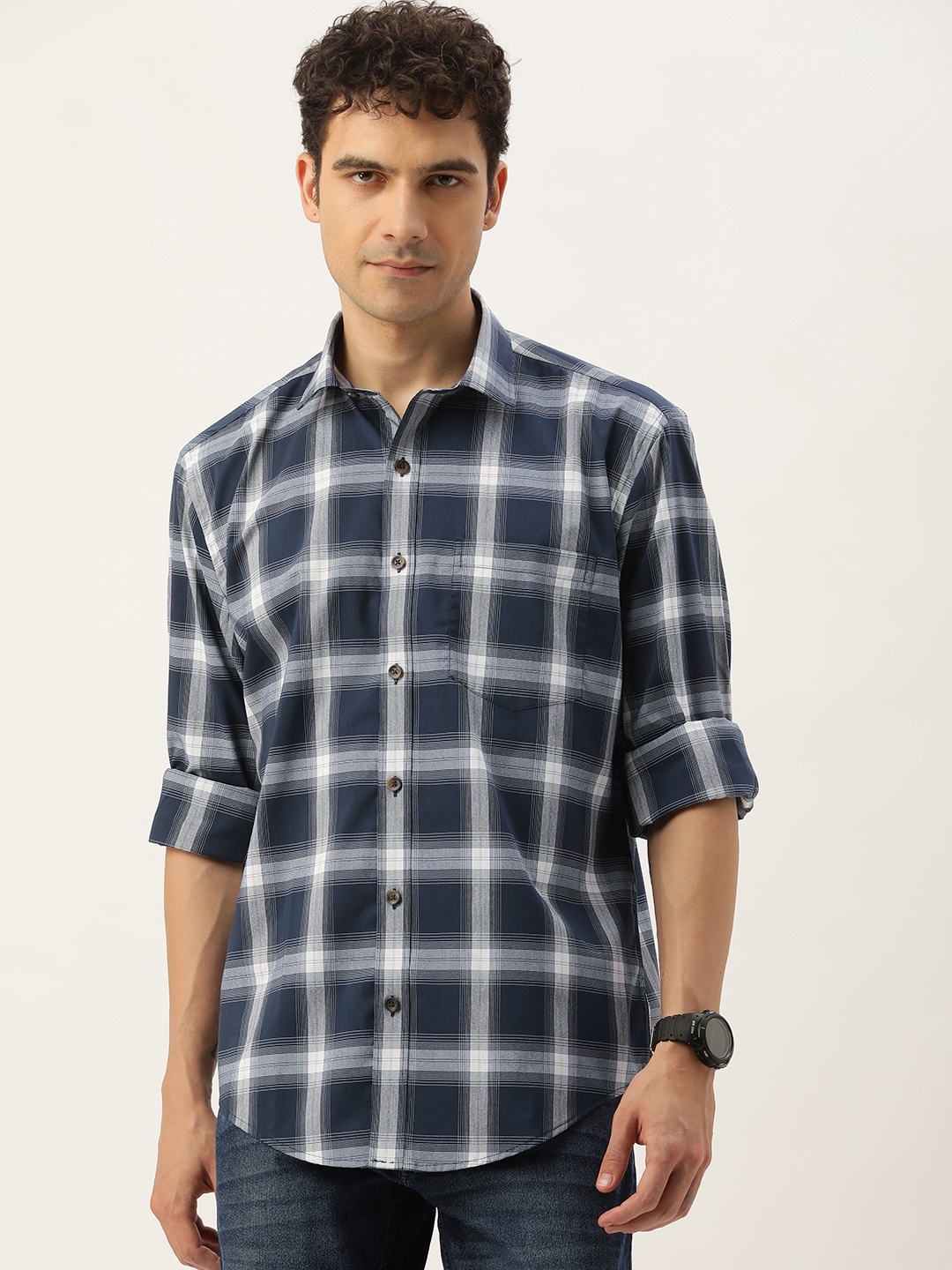 

Burnt Umber Men Tartan Checked Casual Shirt, Navy blue