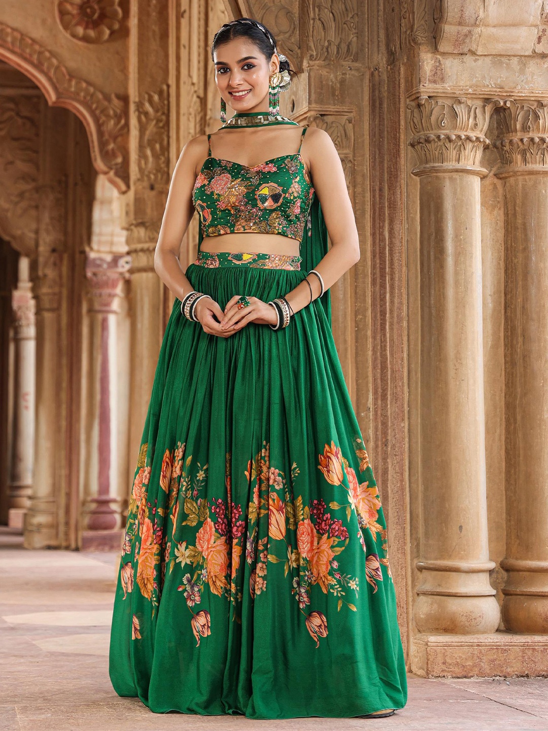 

SCAKHI Embroidered Beads & Stones Chinon Silk Ready to Wear Lehenga & Blouse With Dupatta, Green