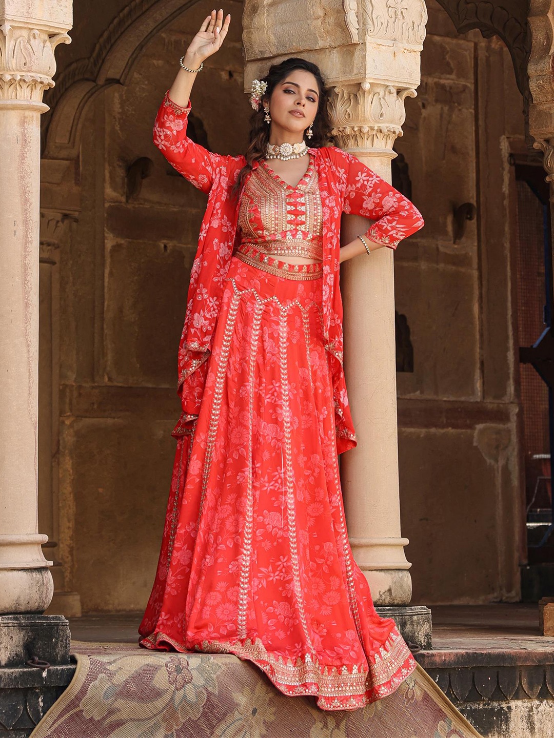 

SCAKHI Embroidered Sequinned Detailed Satin Ready to Wear Lehenga & Blouse With Shrug, Red