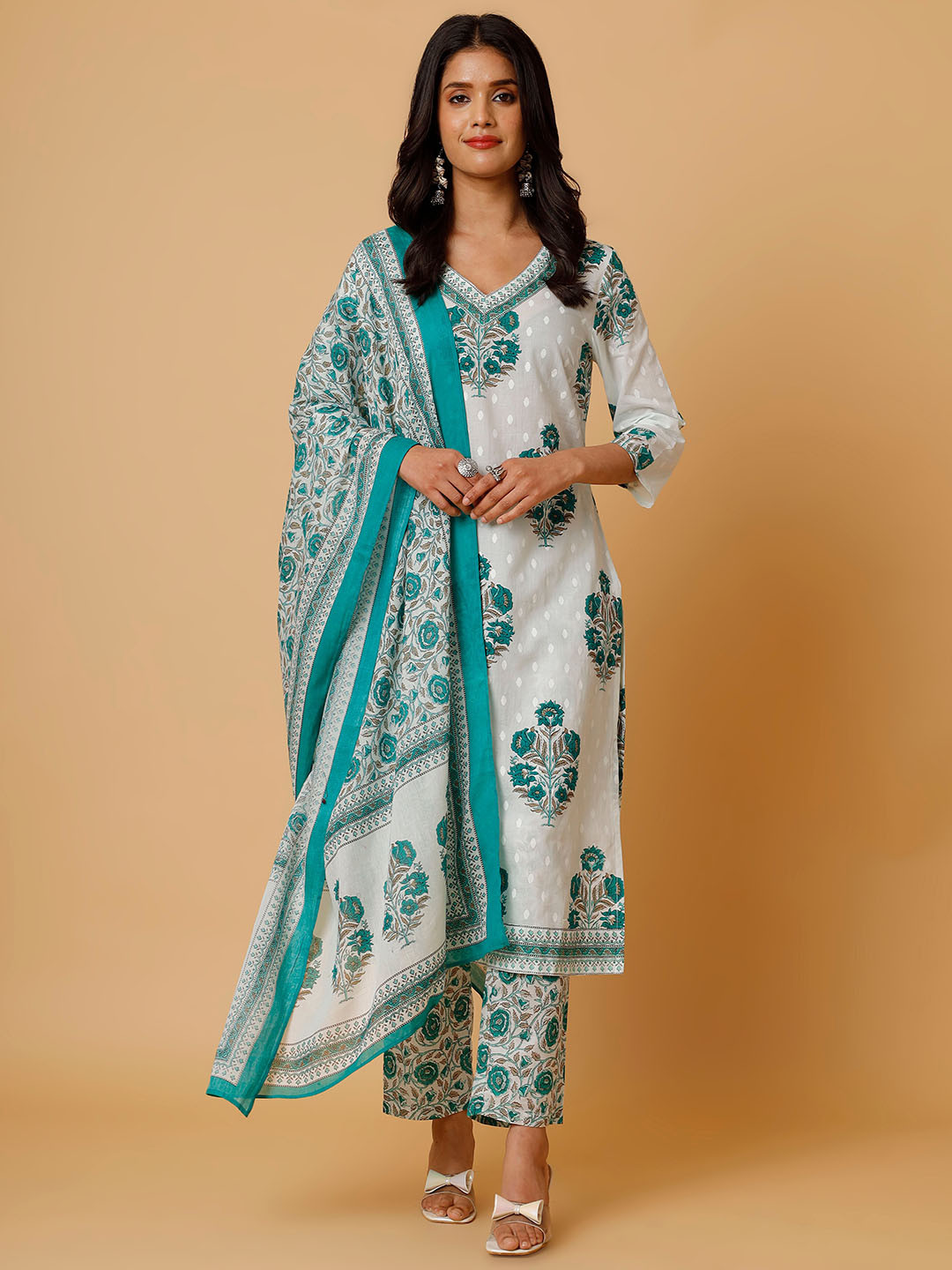 

soan Ethnic Motifs Printed Pure Cotton Straight Kurta with Trouser & Dupatta, Teal