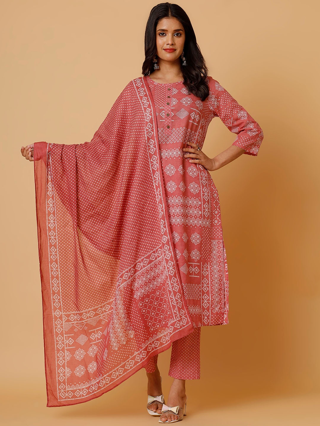 

soan Ethnic Motifs Printed Pure Cotton Straight Kurta With Trousers & Dupatta, Peach