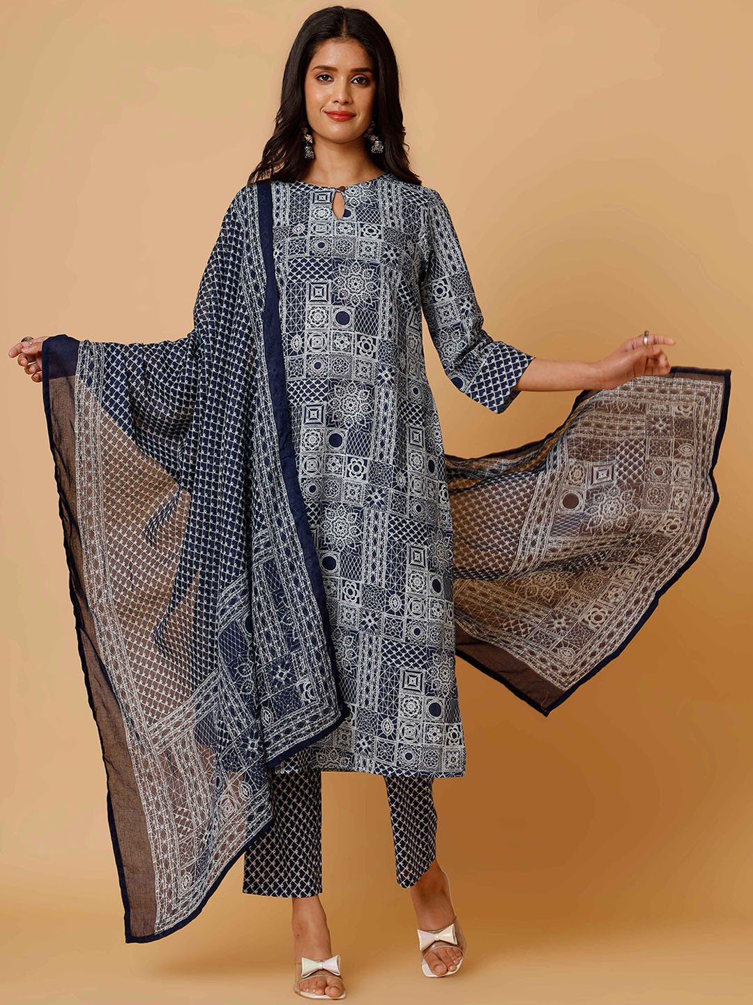 

soan Ethnic Motifs Printed Keyhole Neck Pure Cotton Straight Kurta With Trousers & Dupatta, Blue