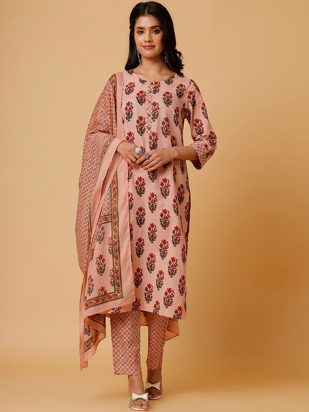 

soan Floral Printed Pure Cotton Straight Kurta With Trousers & Dupatta, Peach