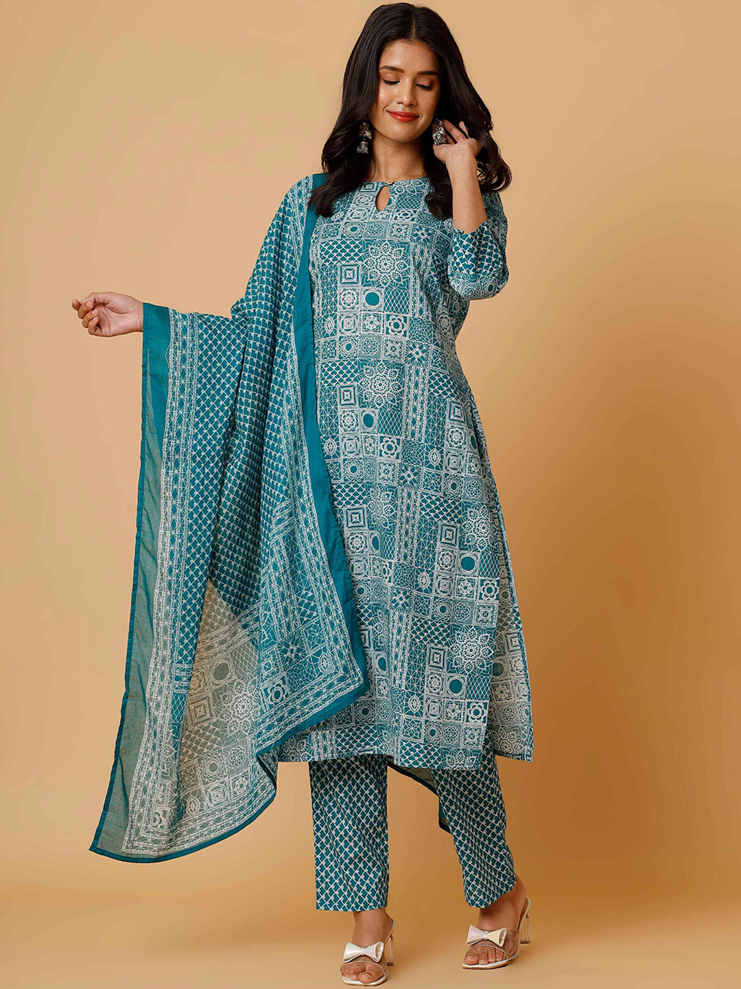 

soan Ethnic Motifs Printed Keyhole Neck Pure Cotton Straight Kurta With Trousers & Dupatta, Teal