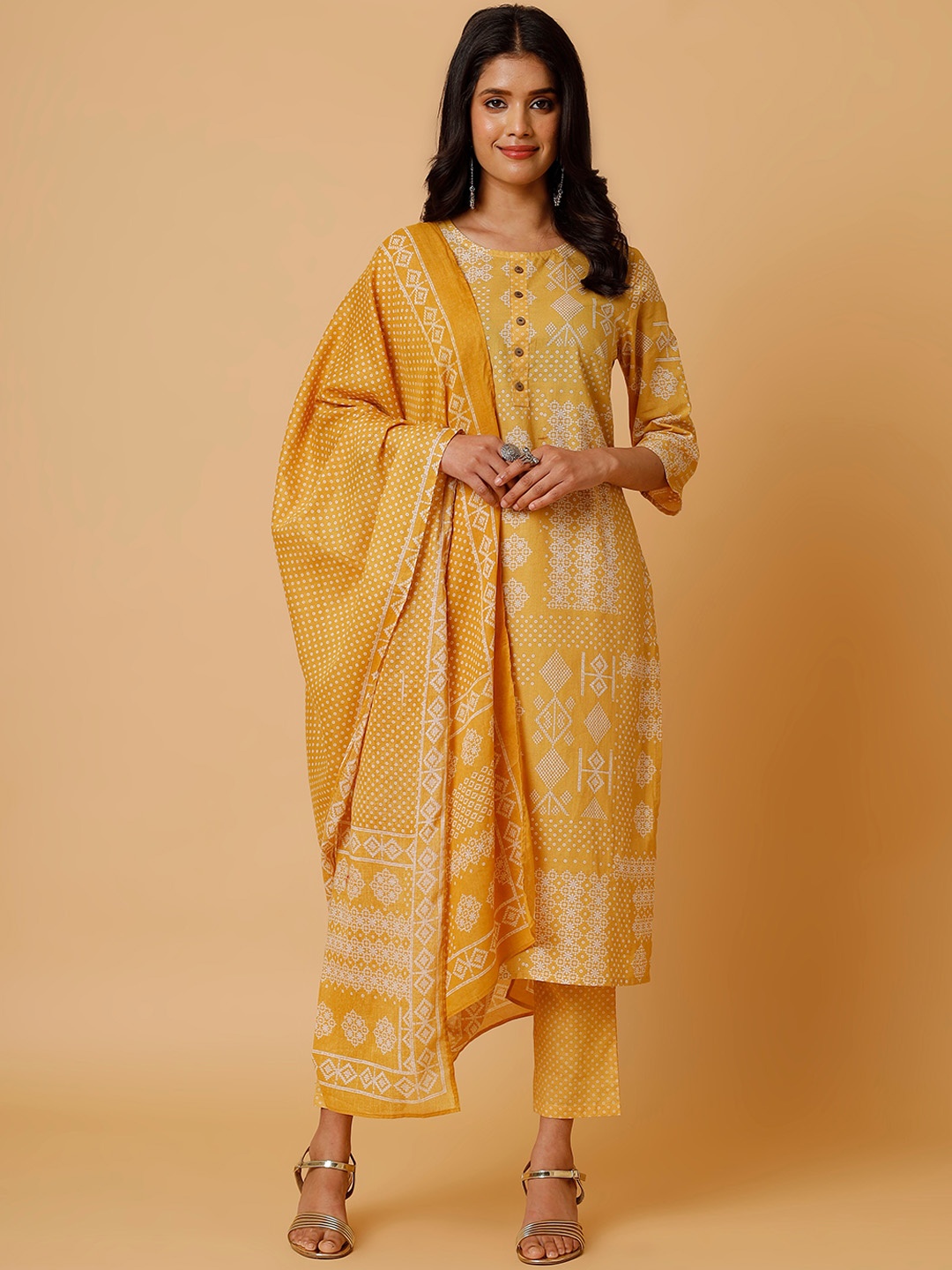 

soan Ethnic Motifs Printed Pure Cotton Straight Kurta With Trousers & Dupatta, Yellow