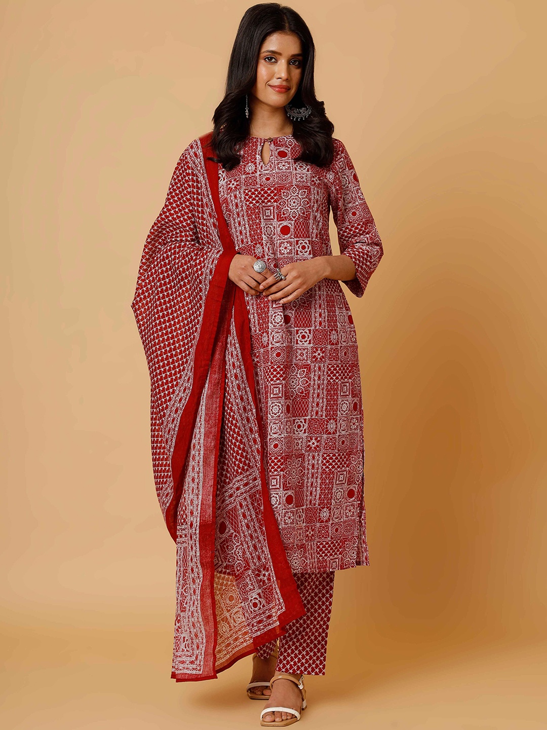 

soan Ethnic Motifs Printed Keyhole Neck Pure Cotton Straight Kurta With Trousers & Dupatta, Red