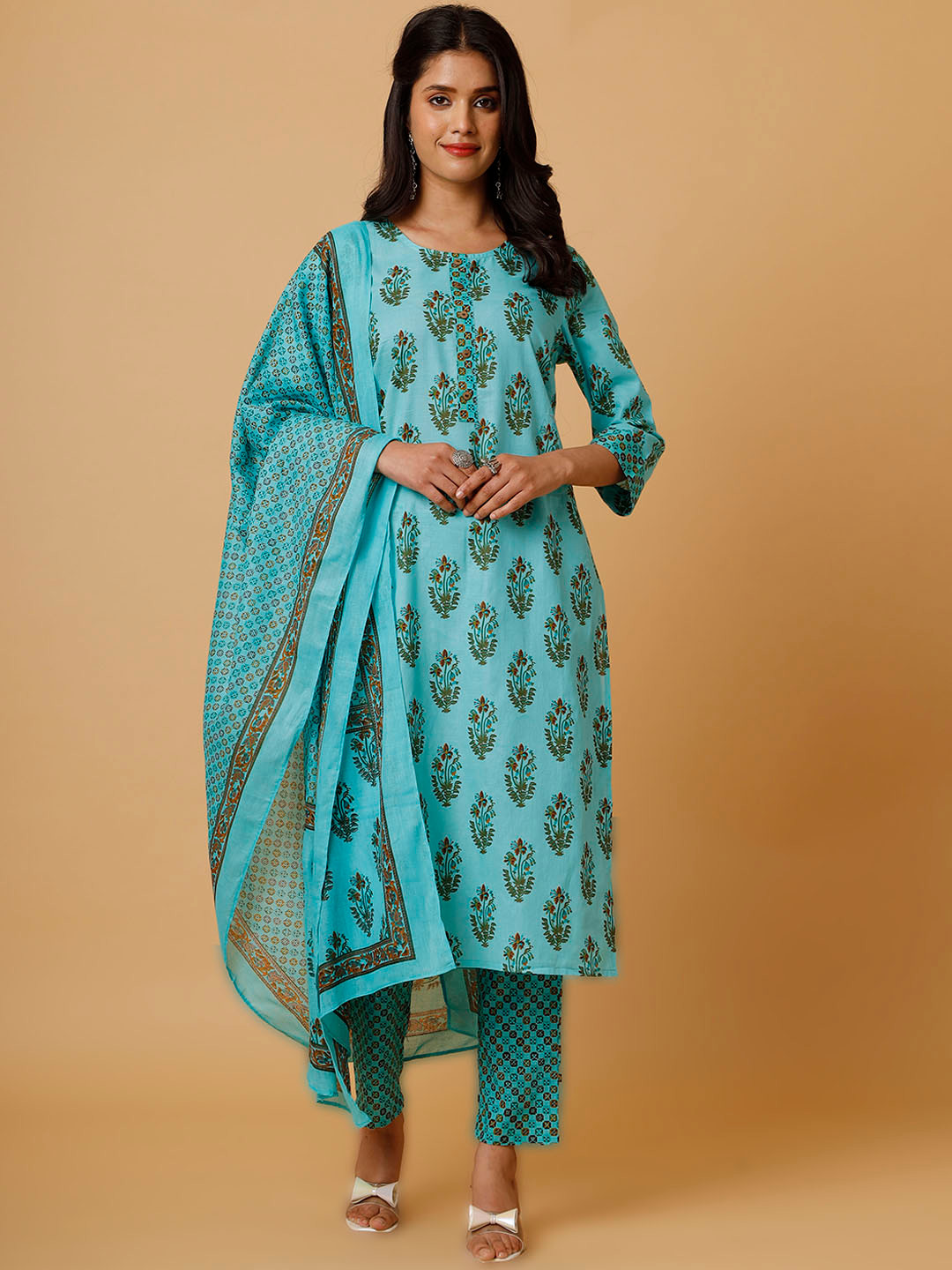 

soan Floral Printed Pure Cotton Straight Kurta With Trousers & Dupatta, Sea green