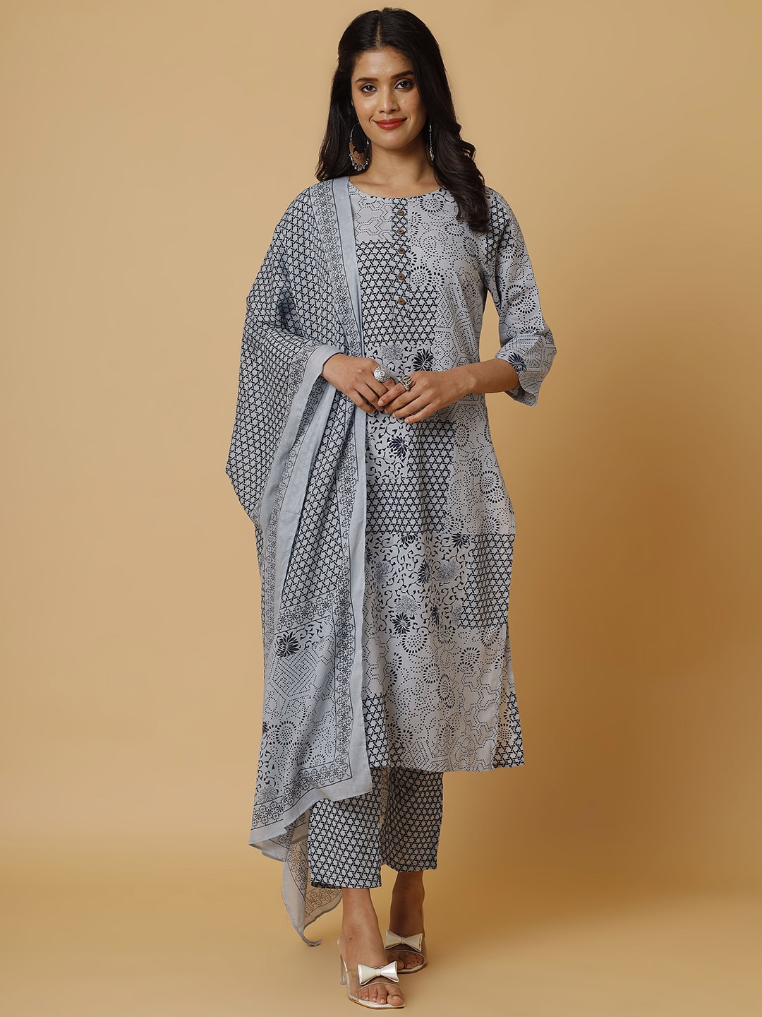 

soan Floral Printed Pure Cotton Straight Kurta With Trousers & Dupatta, Blue